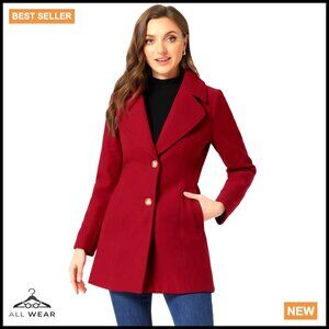 Elegant Slim Fit Pea Coat Winter Long Coat Notched Collar Single Breasted